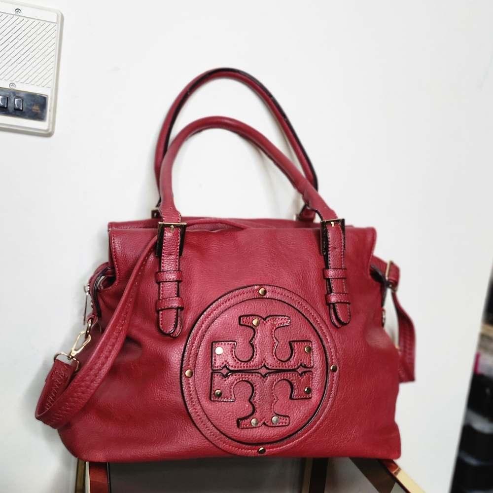 Tory Burch Red Leather Satchel with Logo Round Medallion